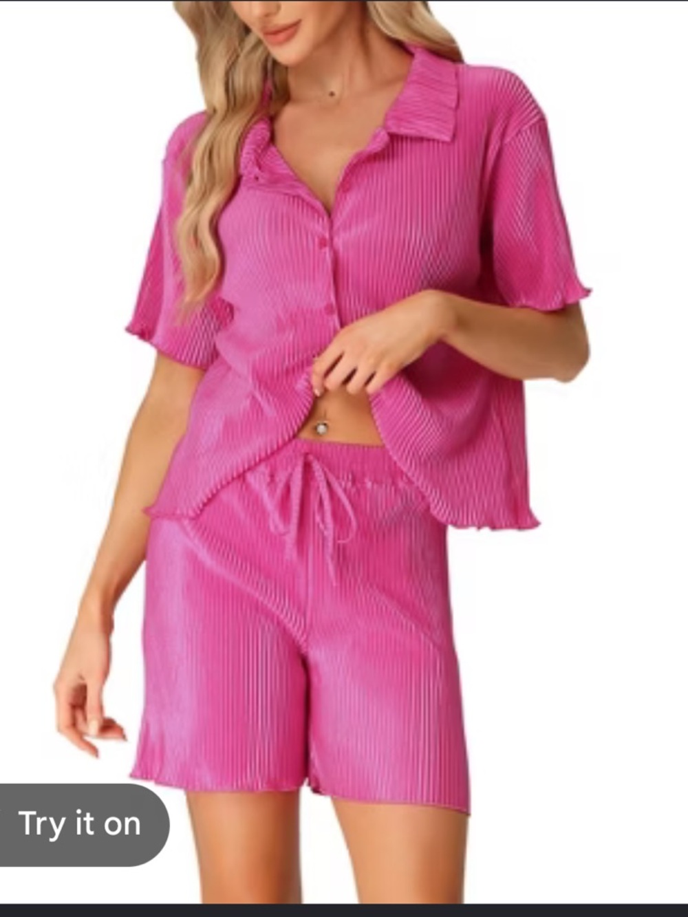 Cheibear Women’s Pink Ribbed Short Pajama Set